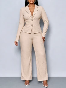 SOLERSUN Plus Size Ladies Apricot V-Lapel Waist Suit With Loose Trousers Suit Two Pieces, Familiar With Business Style, Commuting, Business, Dating. - Apricot - View 7