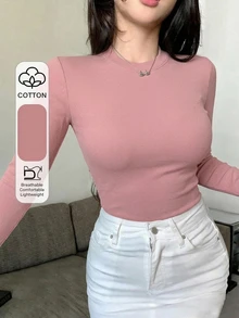 DAZY 女款夏季小立領長袖修身裹身性感休閒百搭打底T恤 - 粉色 - 查看 7