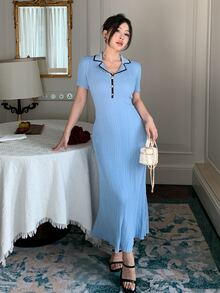 DAZY Women's Korean Style Ribbed Button Short Sleeve Knit Dress - Blue - View 2