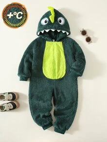 SHEIN Kids Young Boy Casual Cute Dinosaur Cartoon Hat Plush Long Sleeve Long Pants Jumpsuit Suitable For Spring Summer Autumn Winter - Multicolor - View 1