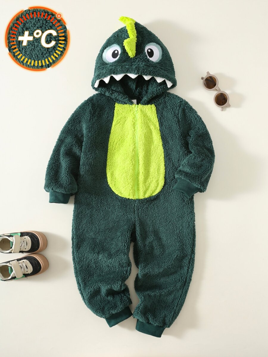 SHEIN Kids Young Boy Casual Cute Dinosaur Cartoon Hat Plush Long Sleeve Long Pants Jumpsuit Suitable For Spring Summer Autumn Winter - Multicolor - View 1