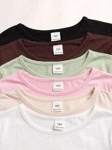 SHEIN Girlism Tween女孩修身休閒針織素色圓領抓皺長袖T恤5件組 秋冬款 - 彩色 - 查看 4
