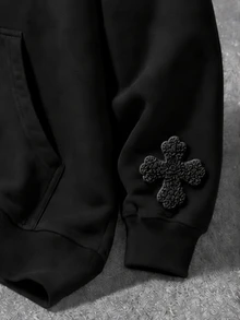 Manfinity EMRG Men Gothic Cross Chenille Embroidery Full Zip Hoodie, Oversized Drawstring Hooded Sweatshirt - Black - View 5