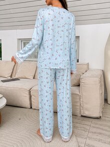 Moonlight&Mama Moonlight & Mama 浪漫碎花針織開襟衫與對比蕾絲長袖長褲孕婦睡衣套裝 - 藍色 - 查看 2