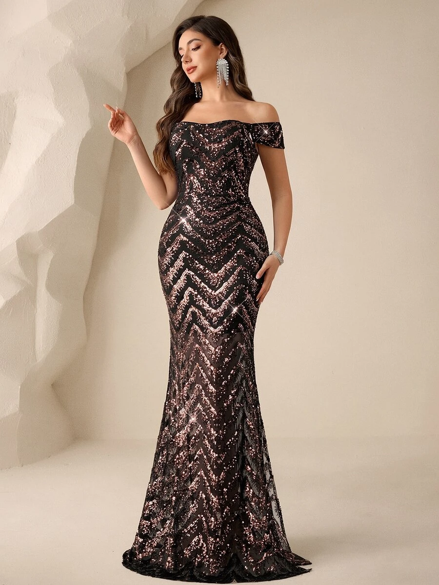 Coutiva Sequin Off-Shoulder Slit Elegant Evening Gown - Black Gold - View 1