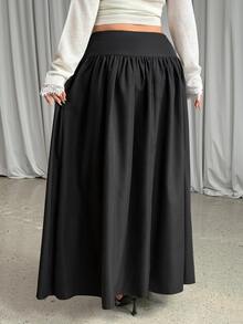 GalTyme Plus Size Women Solid Color Pleated Casual Daily Wear Skirt - Black - View 2