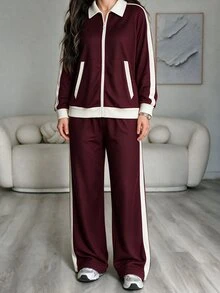 Modelyn Women's Casual Korean Style College Style Lapel Relaxed Fit Zip-Up Jacket & Wide Leg Pants Plus Size 2 Pieces Set - Burgundy - View 3