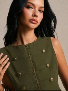 Poéselle 女款時尚復古休閒優雅雙排扣西裝背心 適合辦公與外出 - 軍綠色 - 查看 4