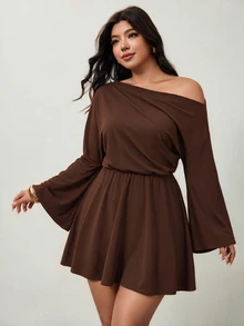 Enliva Plus-Size Women's Commuter Asymmetrical Neckline Fitted Waist DressApple,Rounded Body Elegant Short Dresses - Brown - View 4