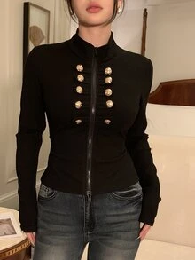 DAZY جاكيت رياضي نسائي بأكمام طويلة وتصميم سحاب وزينة أزرار عصري - الأسود - مشاهدة 10