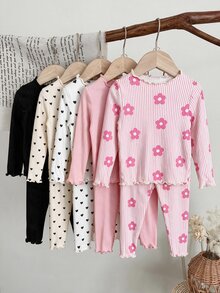 SHEIN LMoss Kids 女嬰針織純色波點條紋愛心圖案荷葉邊飾T恤與長褲10件套 - 彩色 - 查看 4