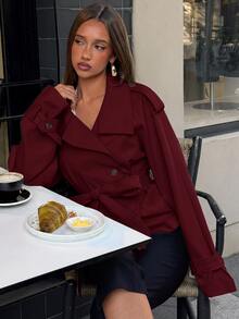 Aloruh Women's Solid Color Long Sleeve Stand Collar Button Lapel Casual Jacket - Burgundy - View 7