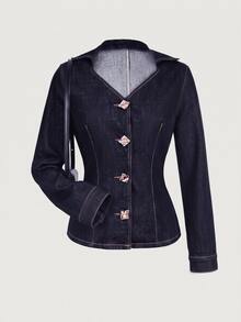GlowEve Women's Long Sleeve V-Neck Button-Up Fitted Fashion Denim Top - Blue - View 1