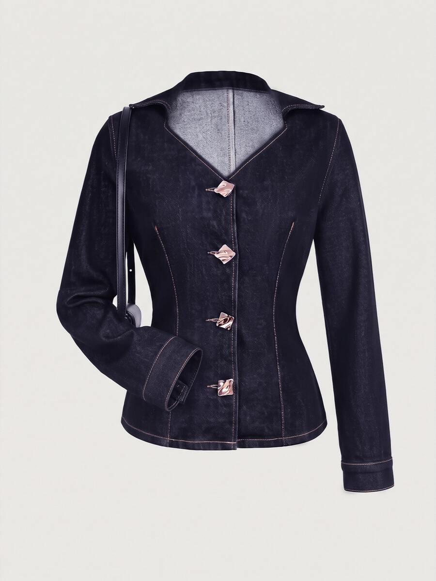 GlowEve Women's Long Sleeve V-Neck Button-Up Fitted Fashion Denim Top - Blue - View 1