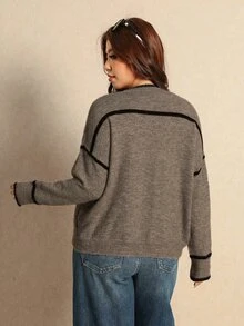 Elaquor Plus Size Women's Round Neck Colorblock Patchwork Fashion Minimalist Sweater Winter - Camel - View 2