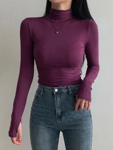 DAZY 女款高領長袖T恤，黑色，春夏秋季女裝可愛上衣 - 中紫紅色 - 查看 2