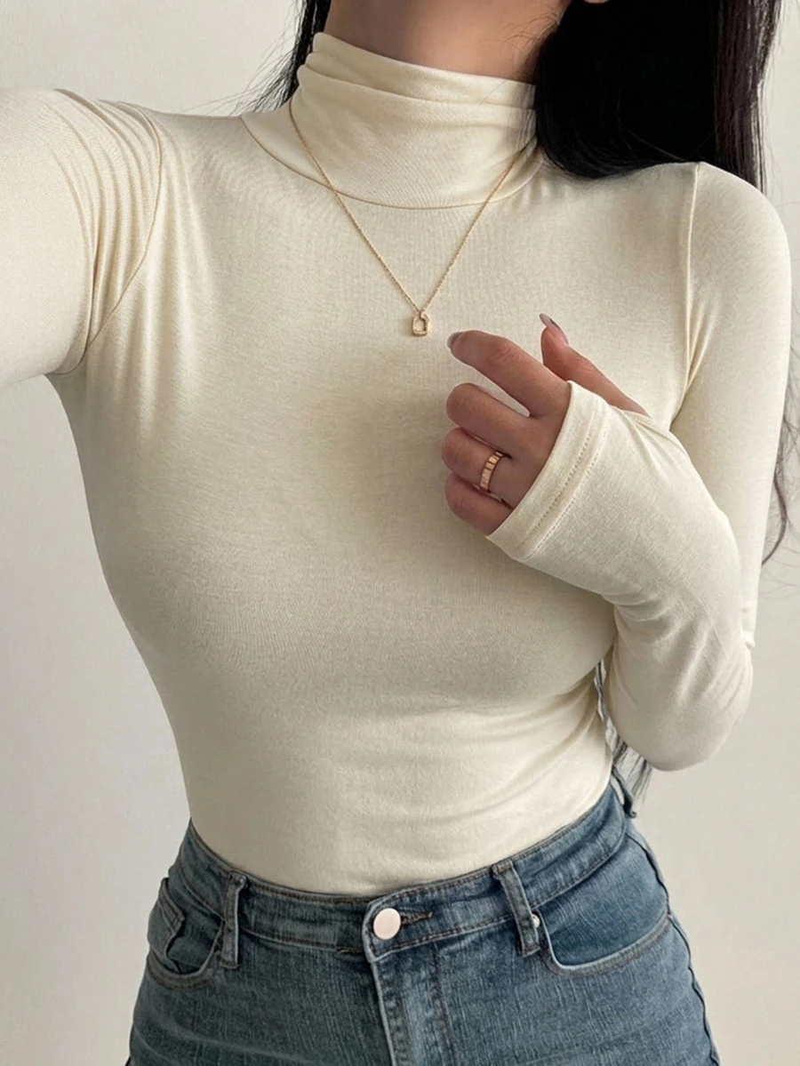 DAZY 女款高領長袖T恤,黑色,春夏秋季,可愛上衣女裝 - 杏色 - 查看 1