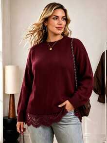 Vionelle Plus Size Women's Solid Color Round Neck Dropped Shoulder Loose Knit Sweater With Lace Hem Splice 2 In 1 Long Sleeve Pullover Winter - Burgundy - View 5