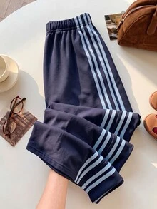 SHEIN Sparklyn Tween Girls 寬腿美式休閒百搭日常運動街頭風對比色腰頭鬆身長褲，秋季 - 藏蓝色 - 查看 4