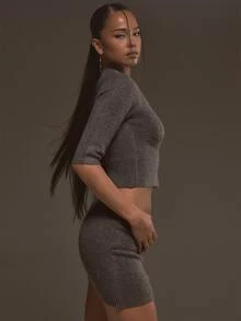 MUSERA Grey Knit Crop Top With Belt Detail Mini Skirt Co Ord Sold As Set Fall Autumn Winter Cool Outfits - Grey - View 3