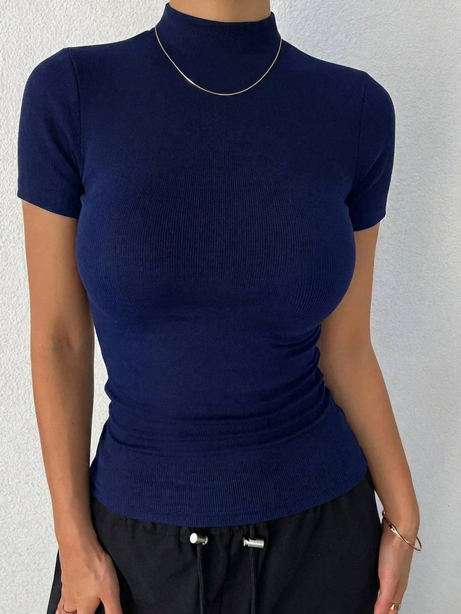 DAZY 女款純色修身百搭休閒短袖T恤 - 藏蓝色 - 查看 1