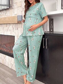 Moonlight&Mama 碎花哺乳短袖長褲孕婦睡衣套裝 - 綠色 - 查看 4