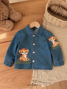 Cozy Pixies Baby Boys Denim Kids Cartoon Lion Pattern Blue Wide Cardigan Jacket Printed Denim Coat - Blue - View 7