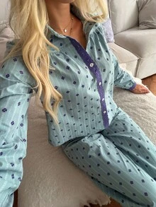 DAZY Women's 2 Pieces Pajama Set With Clover Pattern Lace Patchwork Single-Breasted Long Sleeve Top And Long Pants - Blue - View 9