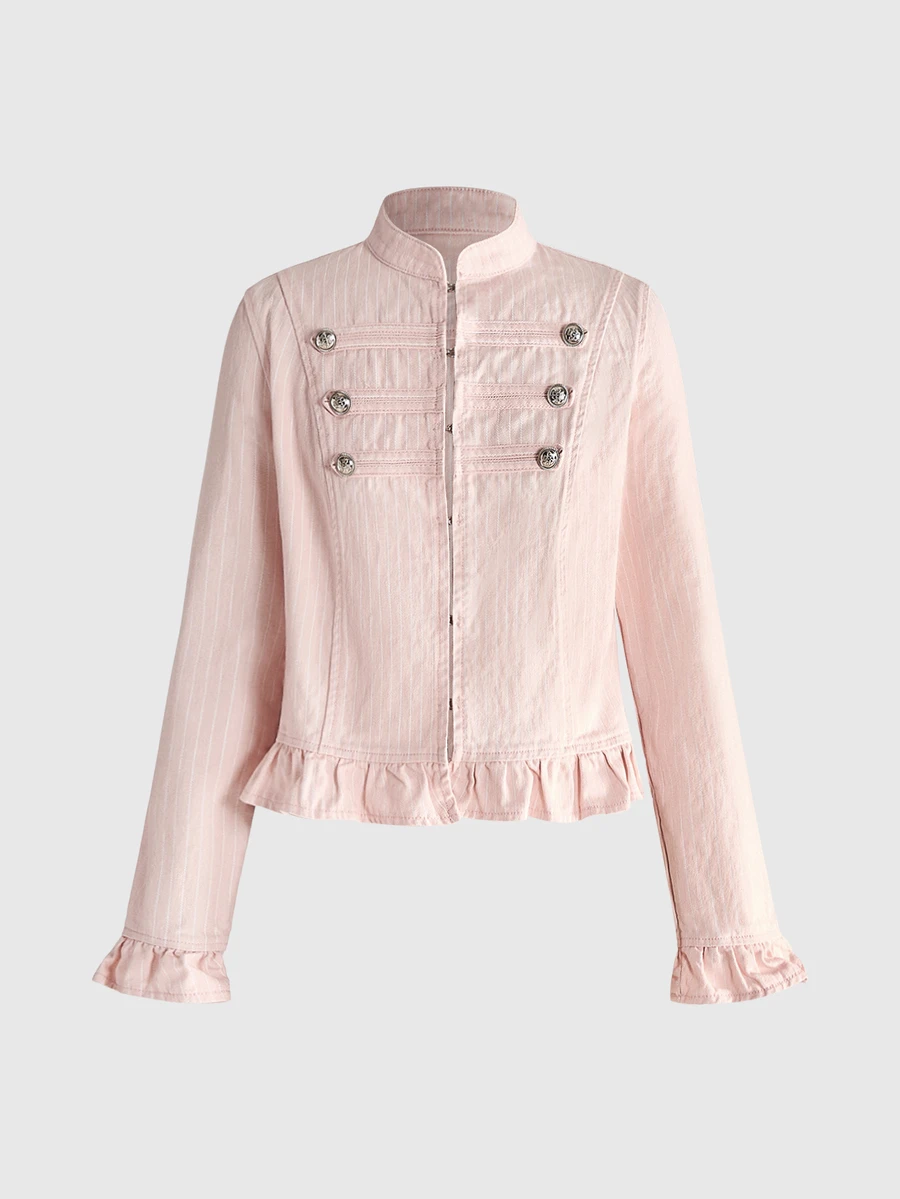 ROMWE Vintage Distressed Y2K Sweet Pink Napoleon Style Women's Denim Jacket And Coat - Baby Pink - View 1