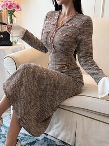 DAZY Women's Daily Commute Mid-Length Dress With Cuff Patchwork And Pearl Button Decoration - Brown - View 1