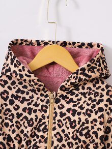 SHEIN Playful Pals 1件女款復古棕色花卉抓絨內裡拉鍊連帽外套，彈性腰部，中長款休閒通勤外套，秋冬款 - 棕色 - 查看 4