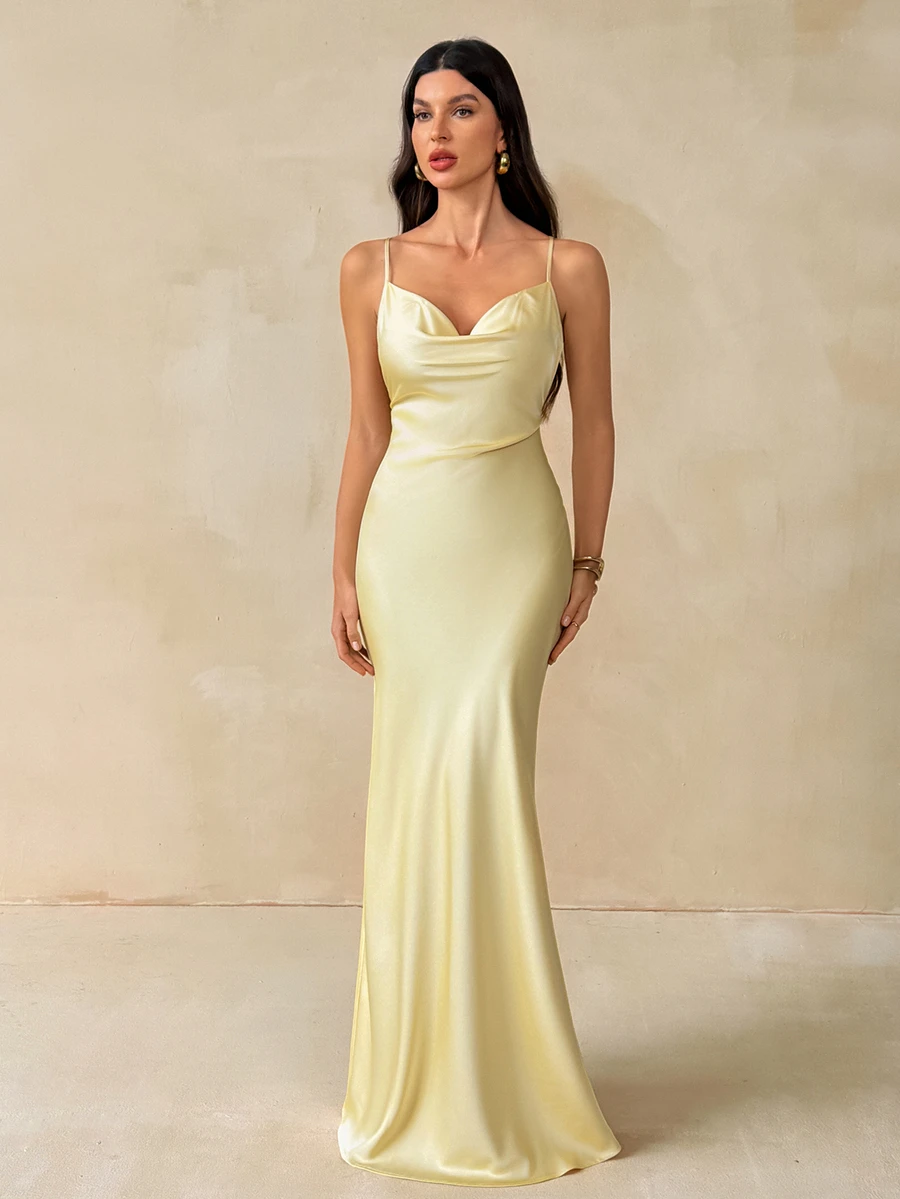 SHEIN Tall Đầm nữ hở lưng cổ đổ đuôi cá mặc đi tiệc - Màu vàng - Xem 1