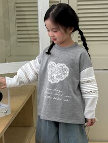 Dazy Kids 少女甜美字母印花蕾絲拼接運動衫 - 淺灰色 - 查看 4
