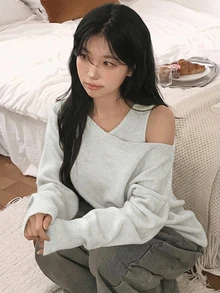 DAZY 女款露肩長袖休閒針織衫 - 淺粉色 - 查看 2