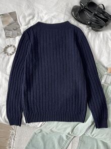 SHEIN 兒童青少年女孩海軍藍學院風騎士刺繡羅紋針織V領修身套頭長袖毛衣韓系大學風秋冬款 - 藏蓝色 - 查看 2