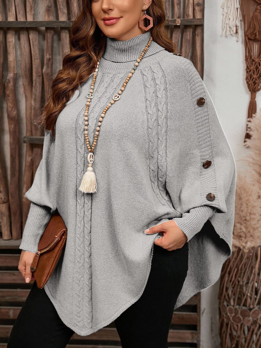 Linhara CURVE Women's Solid Color Knitted Button High Neck Batwing Long Sleeve Cape Style Fitted Elegant Sweater, Autumn/Winter - Light Grey - View 1