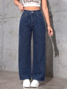 Jeanoix 女款豹紋牛仔褲，都市復興街頭風，休閒時尚，創意個性街頭穿搭 - 深色水洗藍 - 查看 1