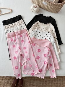 SHEIN LMoss Kids 女嬰針織純色波點條紋愛心圖案荷葉邊飾T恤與長褲10件套 - 彩色 - 查看 2
