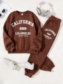 SHEIN Tween女孩口號印花寬鬆圓領連帽衛衣與修身運動長褲套裝，麻灰棕色秋季休閒校園開學舒適款 - 棕色 - 查看 9