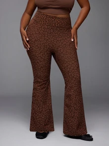 Voyena Plus Size Women's Leopard Print Flare Leggings, Slimming Fashionable Sports Base Layer Pants - Khaki - View 5