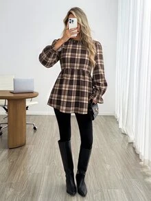 Easowa 女款英式蘇格蘭格紋秋季休閒百搭日常花瓣袖長袖襯衫 - 彩色 - 查看 2