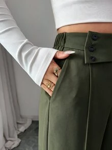 Elenzga Deep Army Green Asymmetrical Fold High Waist Wide Leg Suit Pants For Women, Side Button Decor, Center Seam Pleated Draped Long Trousers For Office Commute - Army Green - View 3