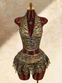 Amplova Women's Tiger Print Sexy Halter Neck Tank Top And Ruffle Hem Skirt 2 Pieces Set - Gold - View 3
