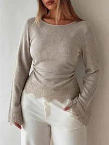 Elegantrix Plus Size Women's Autumn/Winter Cinched Waist Ruched Lace Trim Patchwork Casual Commute T-Shirt Top - Grey - View 6