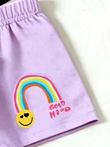 女童幼兒春夏秋時尚彩色花朵彩虹字母印花休閒基礎背心短褲套裝 - 彩色 - 查看 4