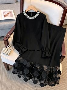 SHEIN LUNE Plus Size Elegant Fashion Beaded Decor Top And Mesh Patchwork Skirt Set - Black - View 6