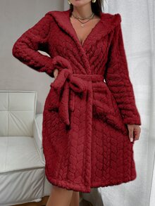 SHEIN Fluffy Jacquard Animal Ear Hooded Open Front Robe - Burgundy - View 5