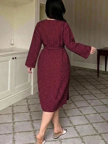 Dazy Plus Red Contrast Lace Plaid Loose Tie Elegant Nightgown - Burgundy - View 5
