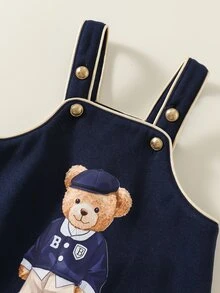 SHEIN 中性新生兒嬰兒男/女童、幼兒 2 件組秋冬保暖內裡加厚可愛學院風熊圖案吊帶褲與運動衫套裝，Polo 套裝，嬰兒冬季穿搭，聖誕節 - 藏蓝色 - 查看 7