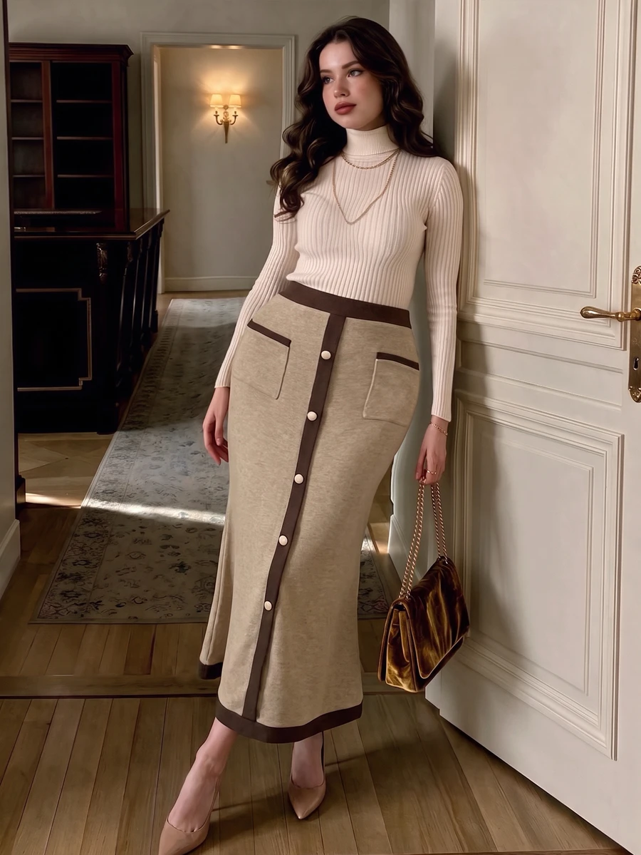 Modelyn Autumn/Winter Knit Colorblock Button Embellished Bodycon Fishtail Hem Elegant Plus Size Women's Skirt - Khaki - View 1